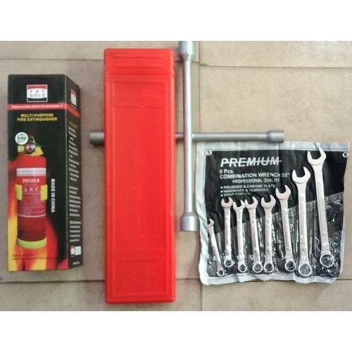 car emergency kit with fire extinguisher and spanners