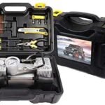 Car Double Cylinder Air Compressor Tyre inflator with Analogue Tyre Pressure Gauge with Puncher Repair Kit