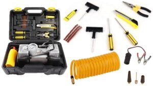 Car Double Cylinder Air Compressor Tyre inflator with Analogue Tyre Pressure Gauge with Puncher Repair Kit - Image 2