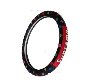 Colorful Supreme-inspired PVC steering wheel cover with carbon fiber texture.