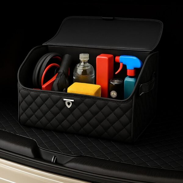 Leather car trunk organizer collapsible storage box with handle and padlock