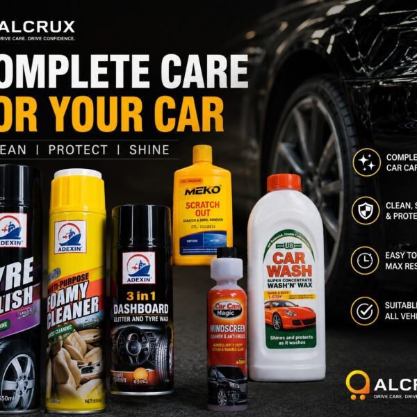 "Complete car cleaning kit including tyre polish, foam cleaner, dashboard polish and car wash – Alcrux Nigeria"