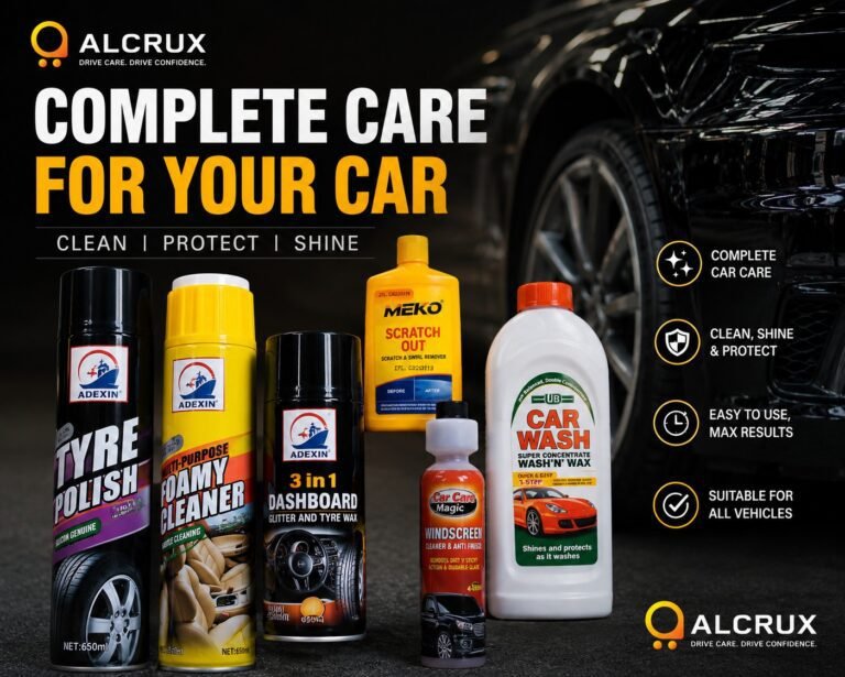 "Complete car cleaning kit including tyre polish, foam cleaner, dashboard polish and car wash – Alcrux Nigeria"
